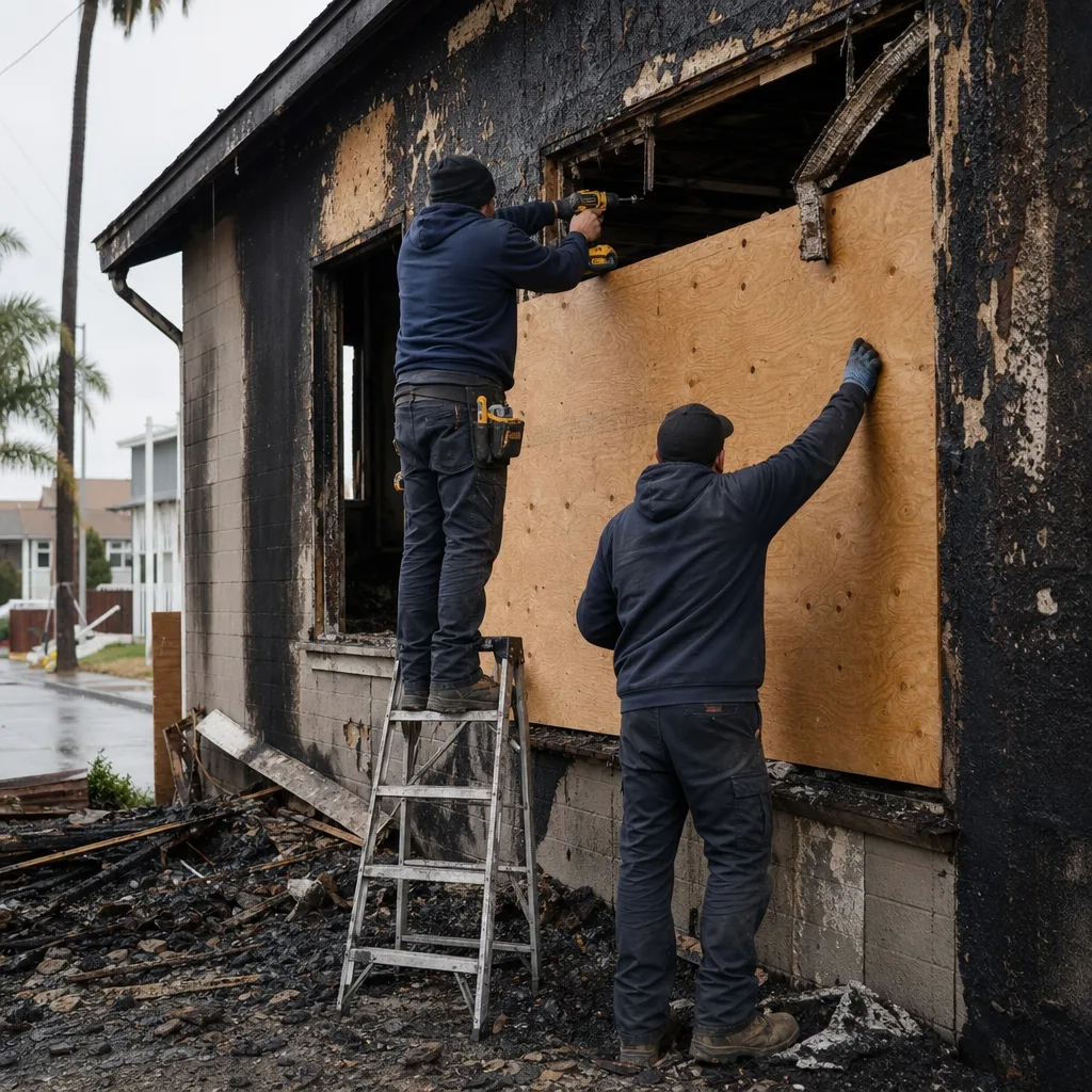 Two professional technicians boarding up windows on fire damaged building