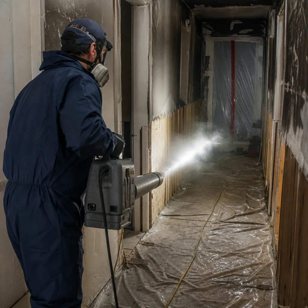 Professional performing fire and smoke damage restoration with a fogger