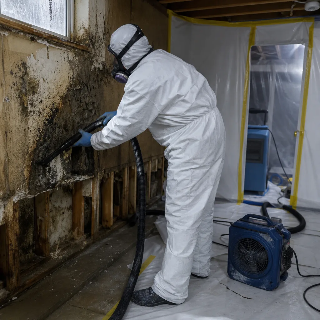 Professional in hazmat suit performing mold remediation with industrial equipment