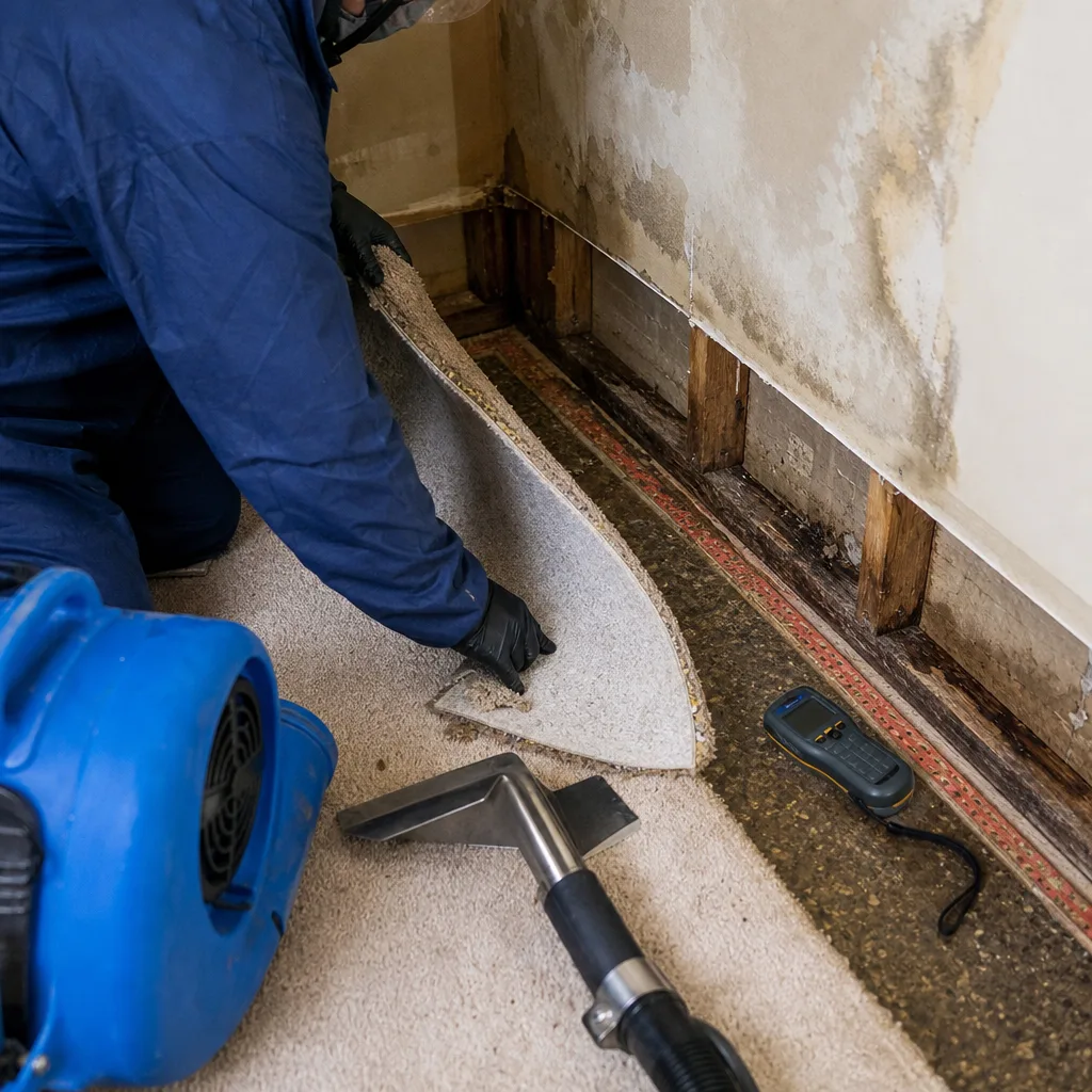 Water damage restoration professional drying carpet and walls with industrial equipment