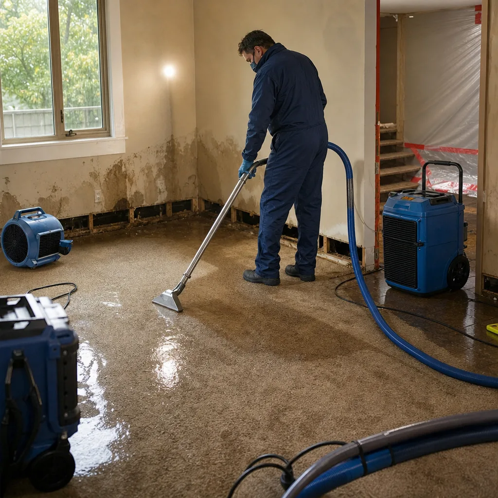 Technician using industrial water extraction equipment during professional water damage restoration